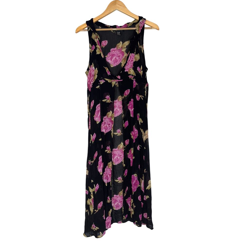 Y2K Sheer Floral Open Robe Peignoir Med Black Pink Lingerie Nightgown Cover Up